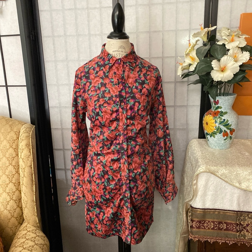 FATE NWT Women M Fitted Ruched Shirt Dress Floral Small-Wale Corduroy